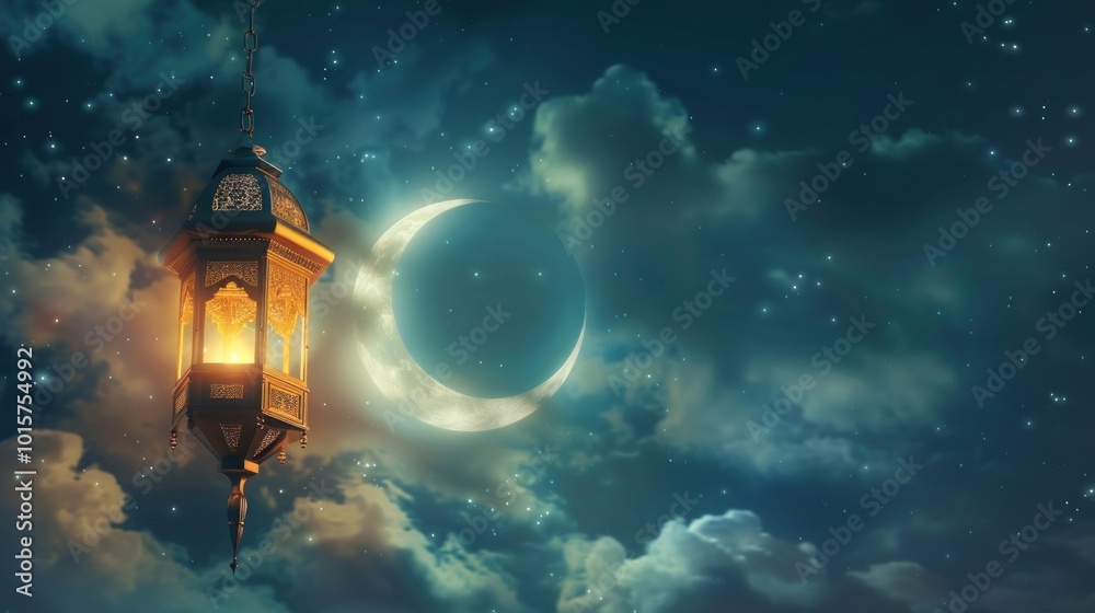 Lantern and Crescent Moon in Night Sky Lantern and Crescent Moon in Night Sky