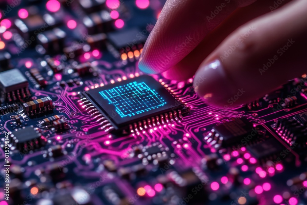 Obraz premium A close-up of a hand interacting with a glowing microchip on a circuit board.