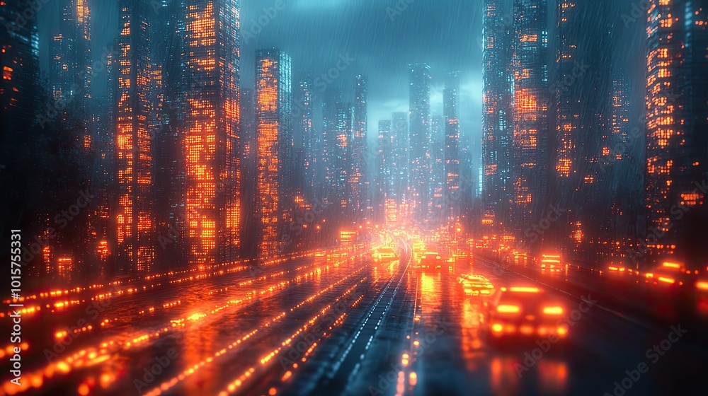 Fototapeta premium A 3D concept illustration of neural networks in a cyber city, showcasing digital technology, information security, and blockchain.