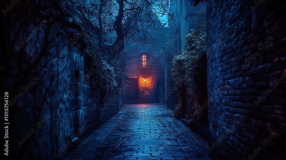 Obraz premium Dark alley with haunted house at the end, eerie glowing lights