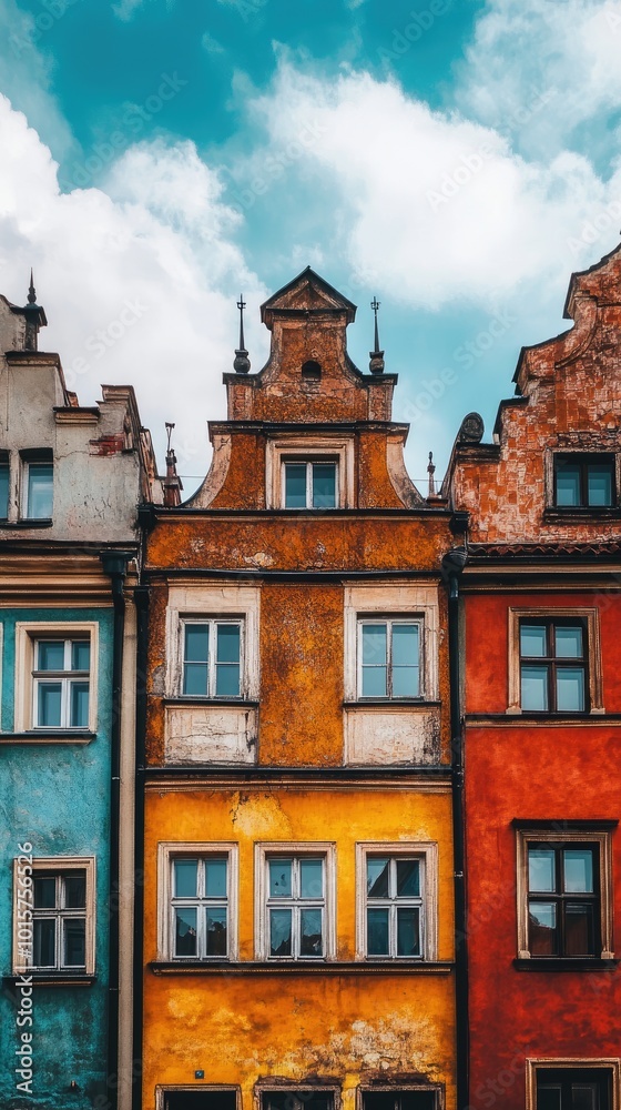 Fototapeta premium Colorful Historic European Buildings with Ornate Facades Under a Vibrant Blue Sky and Fluffy Clouds