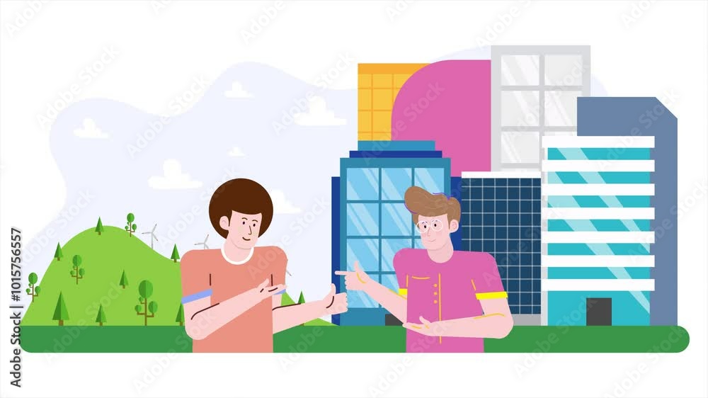 friends engage in conversation amidst a vibrant backdrop combining lush hills and skyscrapers representing a blend of nature and modernity illustration animated video friends engage in conversation amidst a vibrant backdrop combining lush hills and skyscrapers representing a blend of nature and modernity illustration animated video