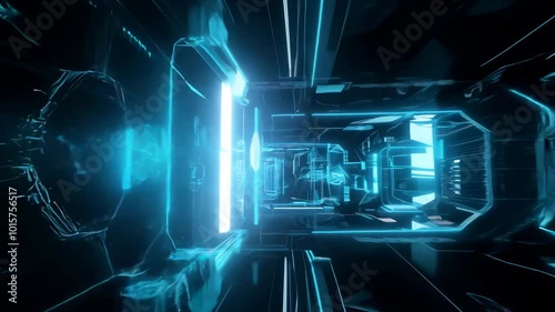 青いネオンの未来的なSF回廊の抽象アニメーション