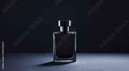 A striking product photo featuring a black perfume bottle against a deep black background, creating a luxurious and minimalist atmosphere.