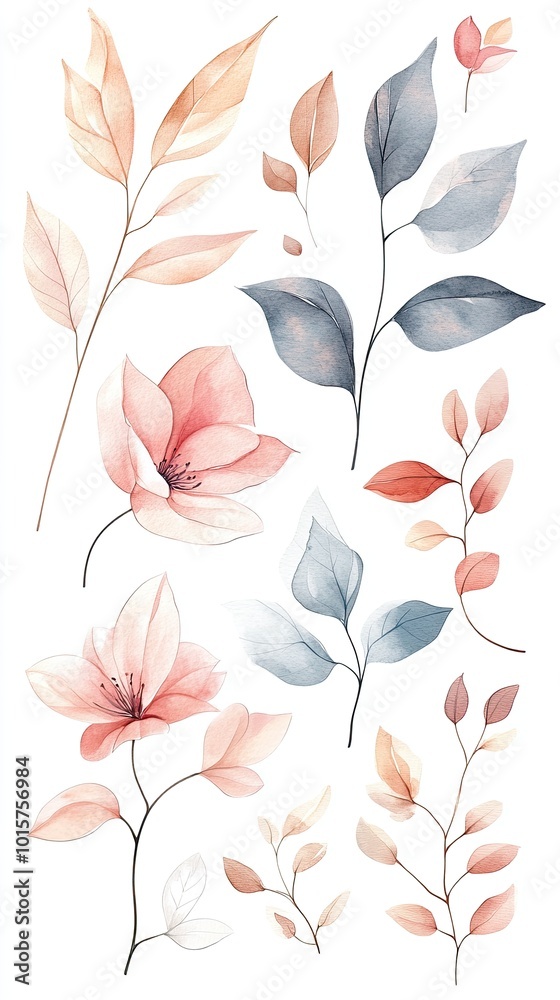 Fototapeta premium Elegant Watercolor Floral Illustrations with Delicate Leaves and Blossoms in Soft Pastel Shades on a White Background