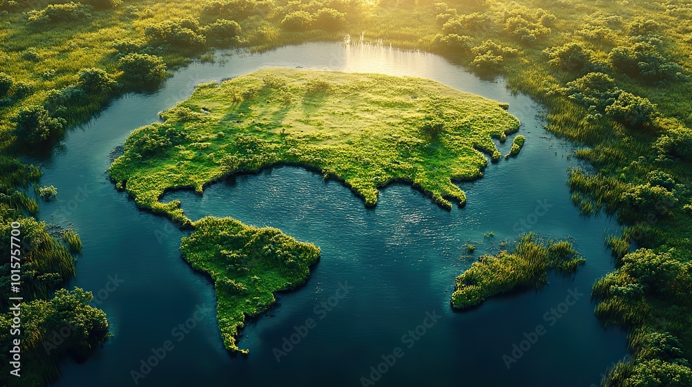 A 3D rendering of a lake shaped like the world’s continents, nestled in untouched nature, metaphorically represents ecological travel and the fragility of our planet. A 3D rendering of a lake shaped like the world’s continents, nestled in untouched nature, metaphorically represents ecological travel and the fragility of our planet.
