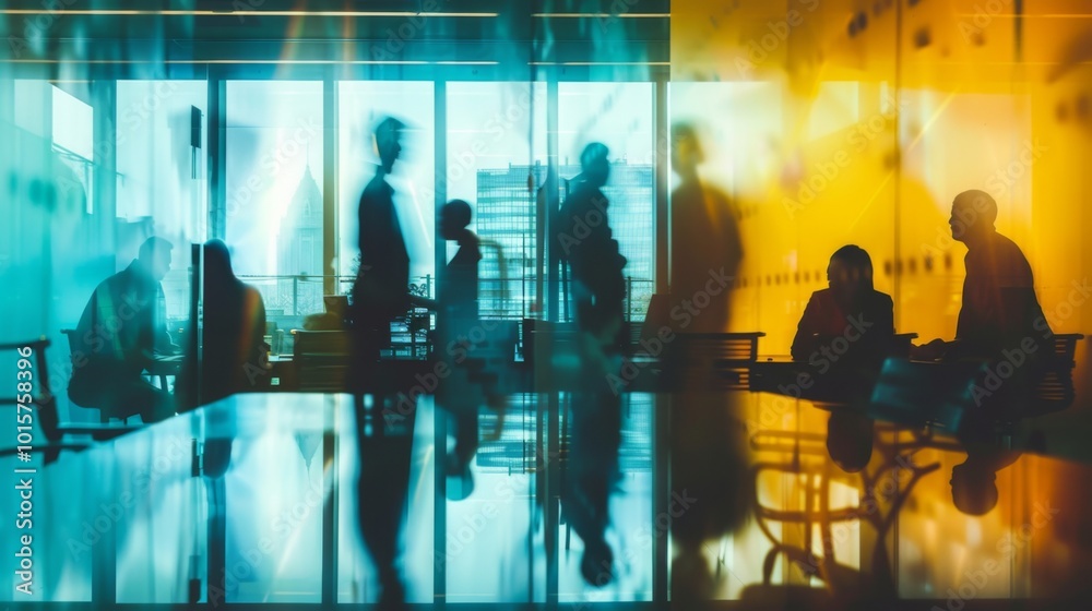 A blurred photograph capturing business people in an office，a high-tech company with soft yellow accents.