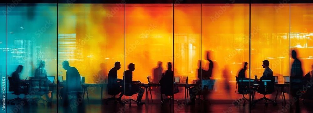 Obraz premium A dynamic blurred photograph of an office team meeting, showcasing silhouettes and shadows in motion behind glass walls. Modern business decor, including sleek desks and comfortable chairs