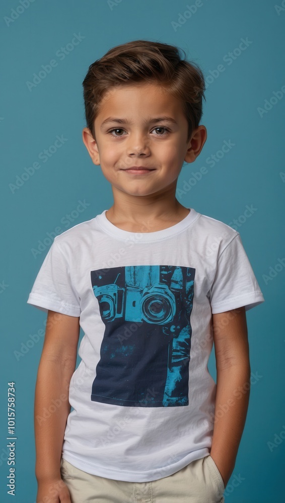 Casual Portrait of Young Boy with Graphic T-shirt Against Blue Background Casual Portrait of Young Boy with Graphic T-shirt Against Blue Background