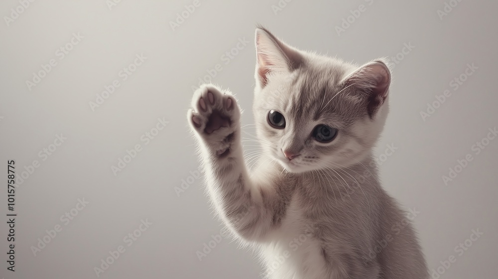 Obraz premium Photo of cat raising its paw, close-up, on clean solid background, pet relief concept, pets, care and maintenance, cute animals in home environment 