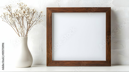 Brown Wooden Frame with White Background on a White Shelf with Dried Flowers in a White Vase