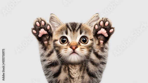 Photo of cat raising its paw, close-up, on clean solid background, pet relief concept, pets, care and maintenance, cute animals in home environment 