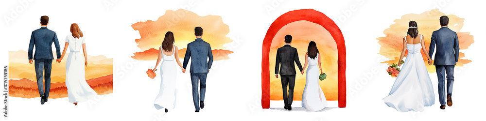 A romantic illustration of couples walking towards scenic backdrops, symbolizing love, unity, and new beginnings.