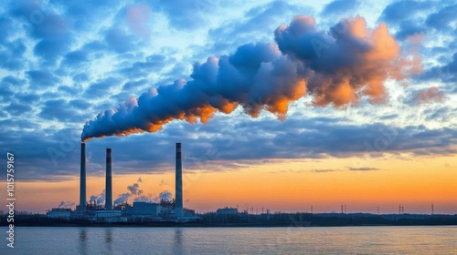 Industrial Smokestacks Release Pollution into the Evening Sky