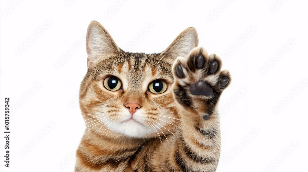 Obraz premium Photo of cat raising its paw, close-up, on clean solid background, pet relief concept, pets, care and maintenance, cute animals in home environment 