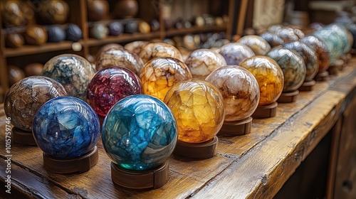 A collection of intricately designed glass spheres of various colors and textures is displayed on a wooden surface. The spheres display hues of blue, red, amber, and brown, with some exhibiting transl photo