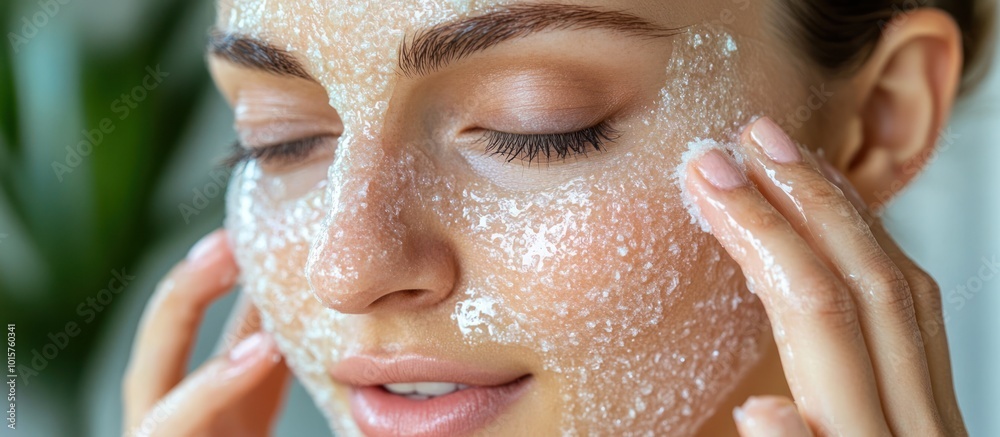 Closeup of a young woman with a white face mask, applying it to her face with her fingers. Closeup of a young woman with a white face mask, applying it to her face with her fingers.