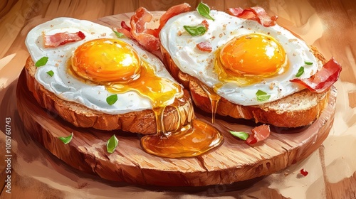 Delicious Breakfast with Sunny Side Up Eggs and Crispy Bacon on Toasted Bread photo