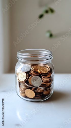 Glass Jar Filled with Coins on a White Surface with Soft Focus Background