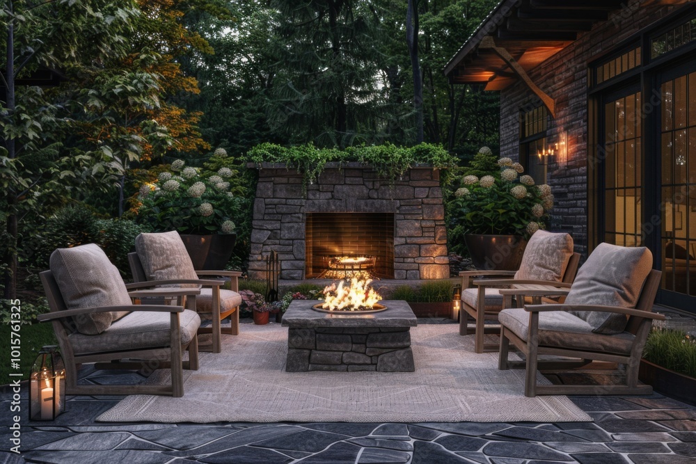 Obraz premium Nighttime Outdoor Patio with Stone Walls, Wood Textures, and Fire Pit on Beige Rug for Socializing