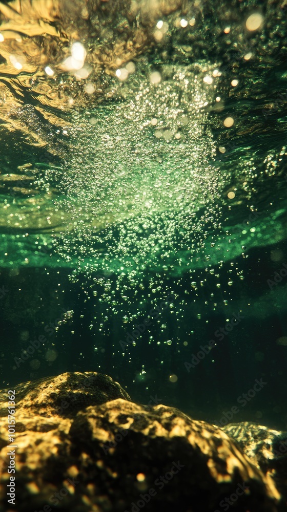 Enchanting Underwater Scene with Sunlit Bubbles and Rocks in a Serene Aquatic Environment Enchanting Underwater Scene with Sunlit Bubbles and Rocks in a Serene Aquatic Environment