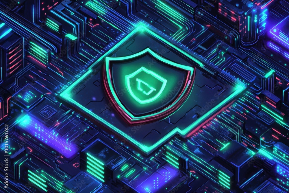 Fototapeta premium A digital shield icon on a circuit board background, symbolizing cybersecurity.