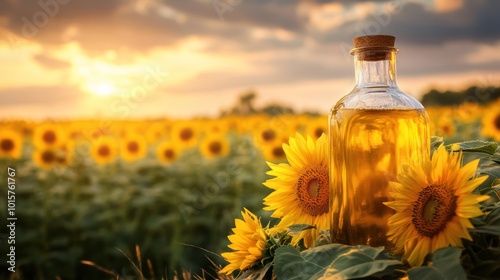 A bottle of bio-based oil derived from renewable plant sources, placed next to a field of sunflowers, symbolizing sustainable alternatives to traditional oil