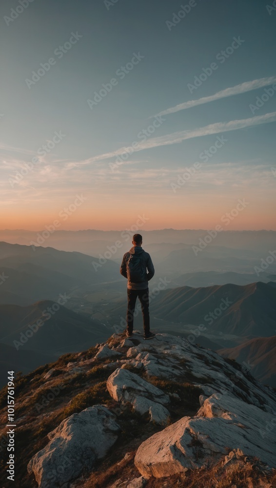 Silhouetted figure on mountain peak at sunset, gazing at vast landscape below Silhouetted figure on mountain peak at sunset, gazing at vast landscape below