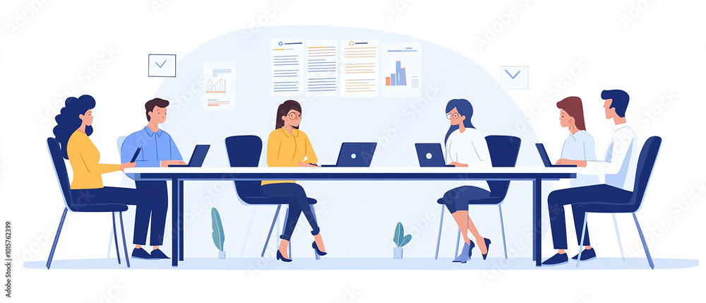HR team reviewing employee performance evaluations in a corporate meeting room. HR team reviewing employee performance evaluations in a corporate meeting room.