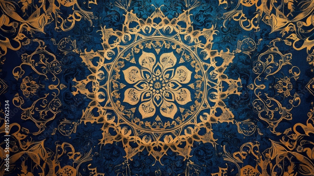 Intricate Gold and Blue Mandala Pattern with Ornate Floral Design on a Rich Textured Background Intricate Gold and Blue Mandala Pattern with Ornate Floral Design on a Rich Textured Background