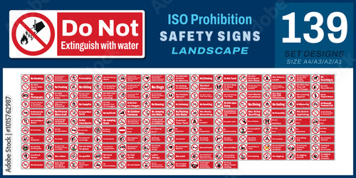 139 set ISO prohibition safety signs v10_do not extinguish with water_landscape size 1/2 a4,a3,a2,a1