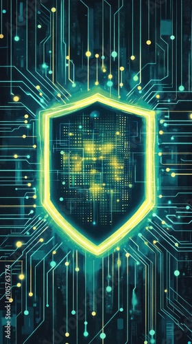 A digital shield symbolizing cybersecurity with circuit patterns and glowing elements.