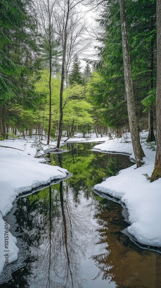 Obraz premium Serene Winter Forest Stream with Snow-Covered Banks and Lush Greenery Reflecting in Calm Waters