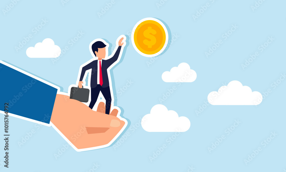 A hand assisting a businessman tries to help him grab a dollar coin, illustration of support from a third party in acquiring or increasing dollar assets. A hand assisting a businessman tries to help him grab a dollar coin, illustration of support from a third party in acquiring or increasing dollar assets.