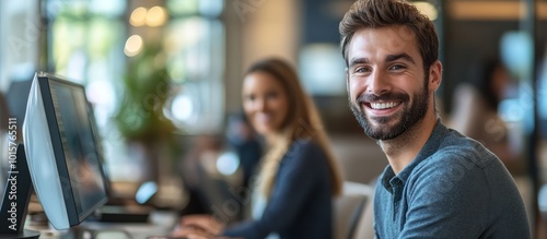 Smiling man looking at camera in a modern office with a female colleague in the background, working on a computer.