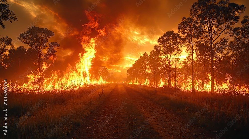 A bushfire blazes near a dirt road, its flames spreading dangerously close to the town's outskirts. A bushfire blazes near a dirt road, its flames spreading dangerously close to the town's outskirts.
