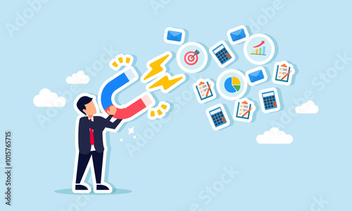 A businessman with a magnet is attracting elements of business management, illustration of the effort to gather advice and insights on risk management analysis and calculations.