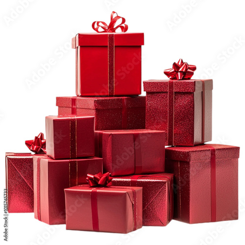 Stack of red gift boxes tied with ribbon on a transparent background.
