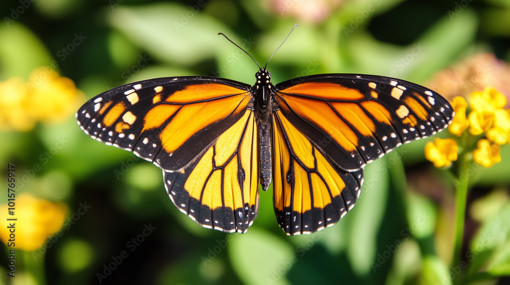 a majestic monarch butterfly with its iconic orange and black wings, gracefully perched on a vibrant yellow flower. a majestic monarch butterfly with its iconic orange and black wings, gracefully perched on a vibrant yellow flower.