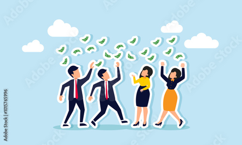 Several businessmen scrambling for flying money, illustration of competition for a tendered project.