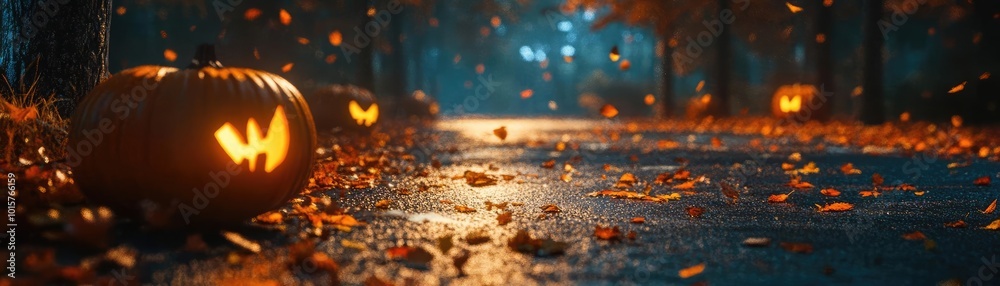 A spooky Halloween scene with glowing pumpkins on a rainy pathway, surrounded by colorful autumn leaves and misty atmosphere. A spooky Halloween scene with glowing pumpkins on a rainy pathway, surrounded by colorful autumn leaves and misty atmosphere.