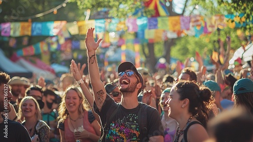 A vibrant crowd cheers with delight at a festive gathering, where bright banners dance in the breeze and smiles radiate with enthusiasm.