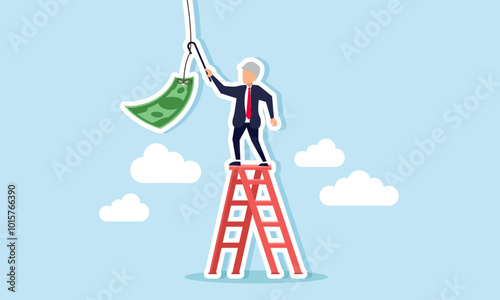 An elderly businessman tries to reach a money hook with his cane while climbing a ladder, illustration of the conventional business approach to gaining investors or managing finances