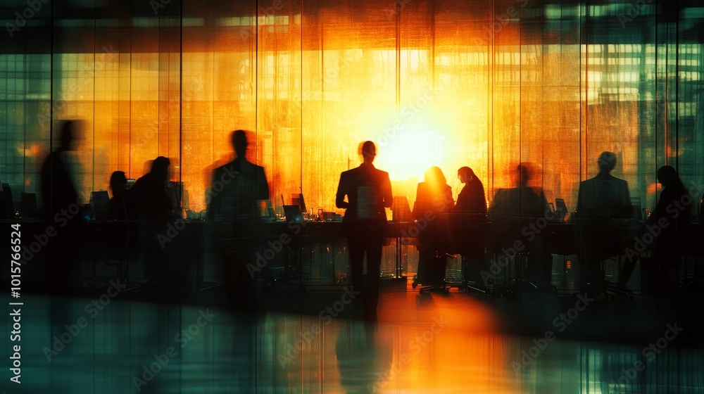 A blurred photograph capturing a business leader guiding their team during a morning meeting in a modern office setting. The focus is on the leader, with glass walls and contemporary decor A blurred photograph capturing a business leader guiding their team during a morning meeting in a modern office setting. The focus is on the leader, with glass walls and contemporary decor