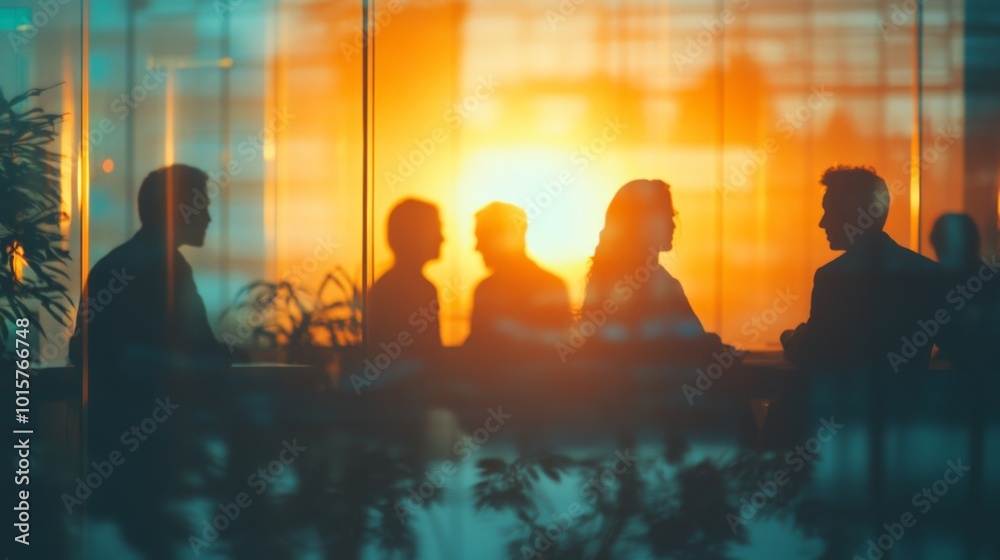 A blurred photograph capturing a business leader guiding their team during a morning meeting in a modern office setting. The focus is on the leader, with glass walls and contemporary decor A blurred photograph capturing a business leader guiding their team during a morning meeting in a modern office setting. The focus is on the leader, with glass walls and contemporary decor