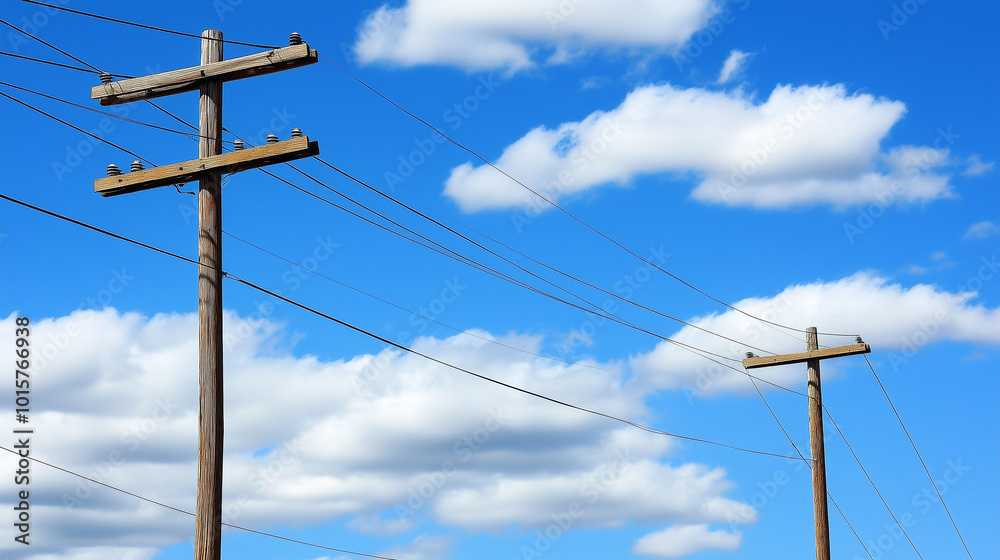 Two wooden power poles with multiple wires stretching between them, set against a clear blue sky with white clouds. Two wooden power poles with multiple wires stretching between them, set against a clear blue sky with white clouds.