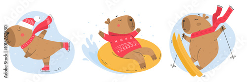 Set with cute capybaras in winter activity