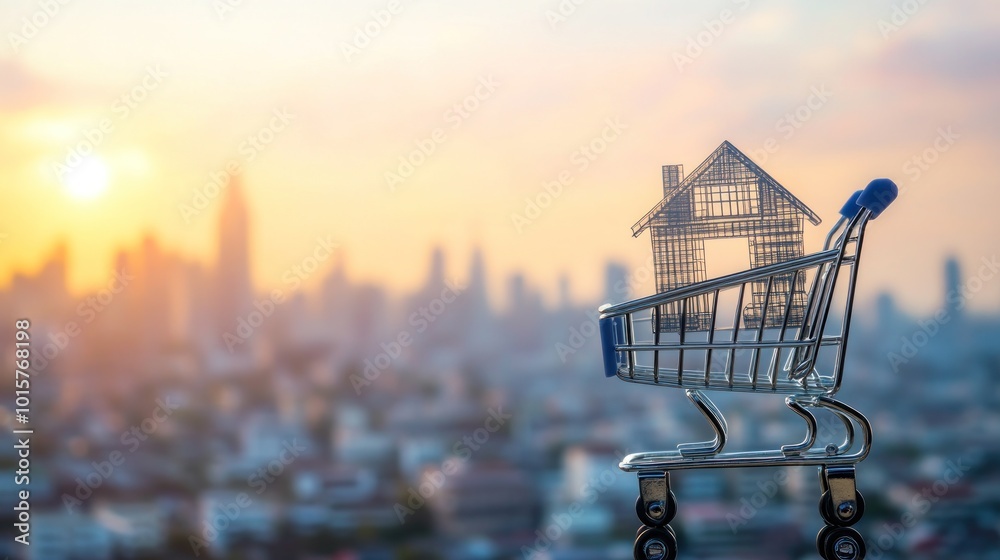 Shopping Cart with Miniature House in Front of Sunset Cityscape Shopping Cart with Miniature House in Front of Sunset Cityscape