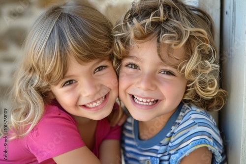 Portrait of two cute little girls smiling at the camera on a sunny day