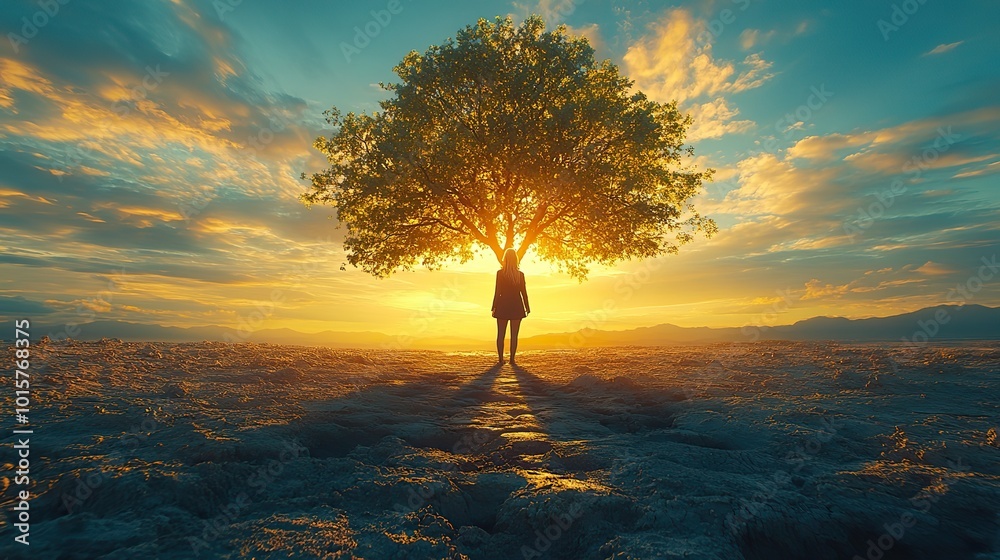 A businesswoman transforms a dry season into spring, symbolizing environmental renewal. A businesswoman transforms a dry season into spring, symbolizing environmental renewal.